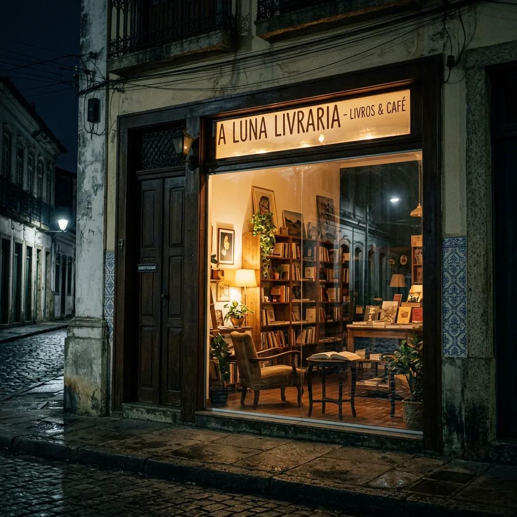 Vitrine de loja iluminada à noite numa rua deserta, bonita por dentro mas sem ninguém passando