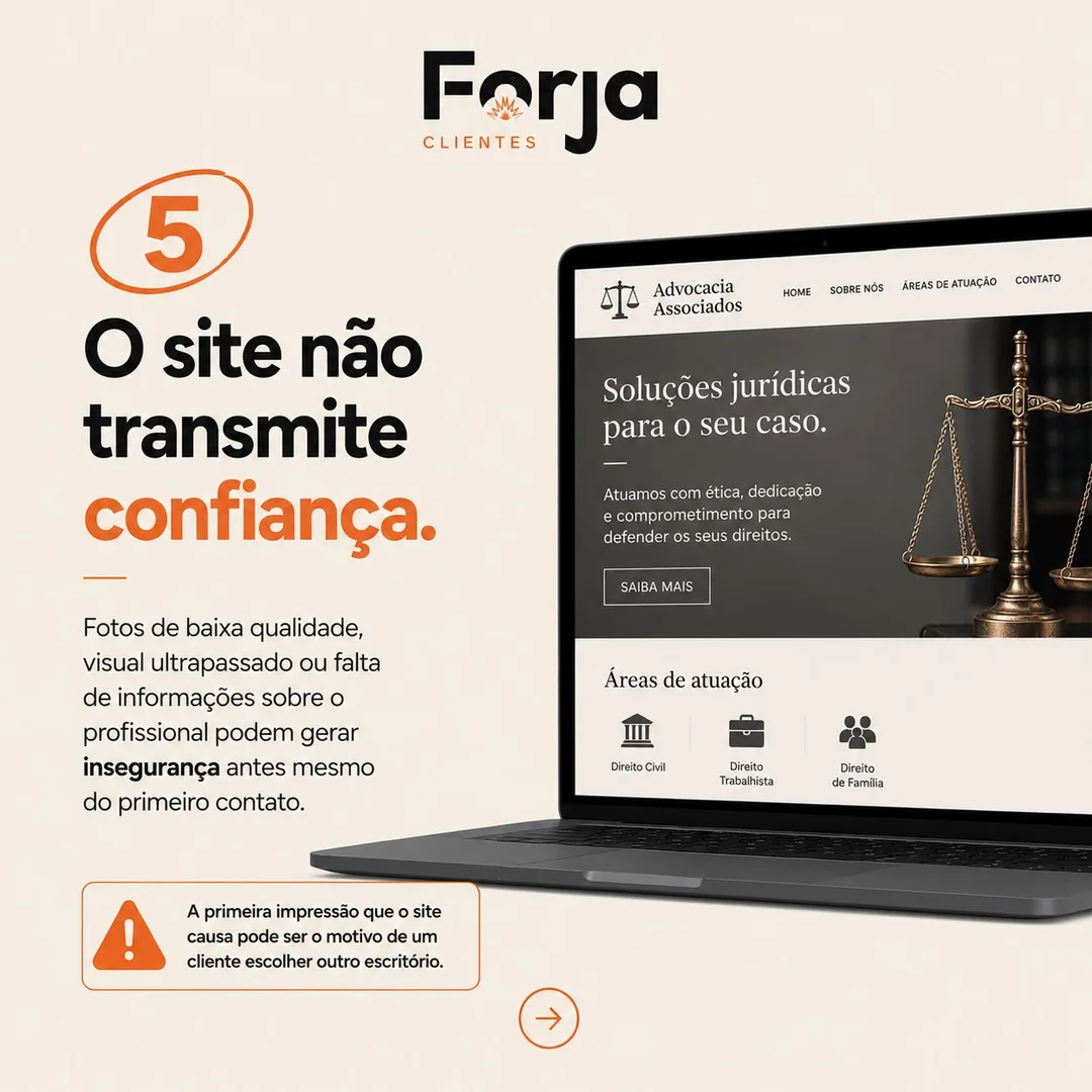 Sinal 5: o site não transmite confiança. Visual ultrapassado e fotos de baixa qualidade geram insegurança antes do primeiro contato